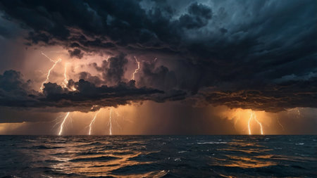 Thunderstorm over the sea. Dramatic sky with lightning. 3d render