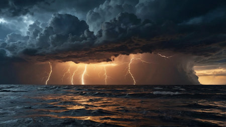 Thunderstorm over the sea, 3d render illustration of stormy weather
