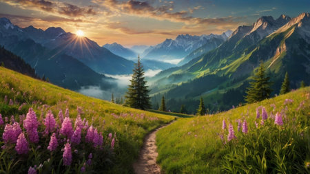 Panoramic view of the alpine meadow with blooming lupine flowers in the mountains at sunset.