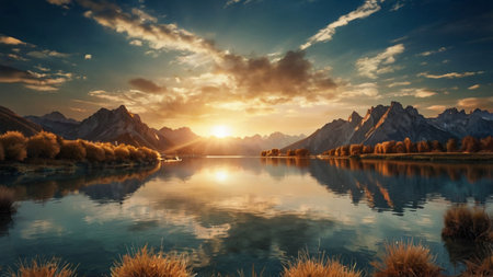 Beautiful sunset over the lake. Landscape with lake and mountains