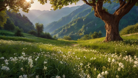 Sunset in the mountains. Beautiful summer landscape with a meadow of flowers.の写真素材