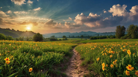 Beautiful panoramic landscape of meadow with blooming yellow flowers at sunset