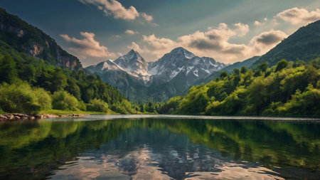 Mountains reflected in the water of the lake. Caucasus, Russia