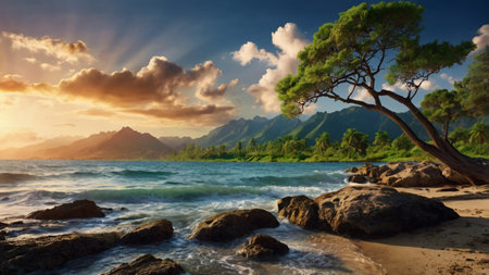 Beautiful seascape with a pine tree on the foreground.
