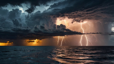 Thunderstorm over the sea at night. Panoramic view.