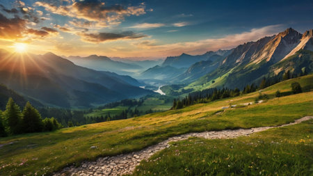 Panoramic view of the mountain valley at sunset. Dolomites, Italy