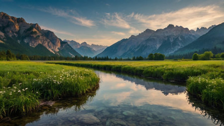 Mountain landscape with river and meadow in Dolomites, Italy