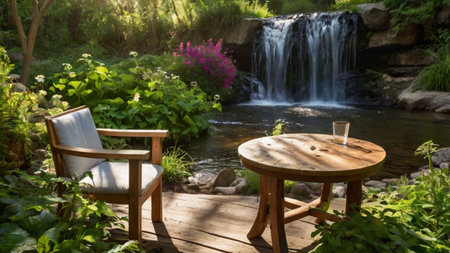 Wooden table and chairs in the garden with waterfall in the backgroundの写真素材