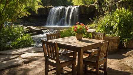 Beautiful view of waterfall in the garden with wooden table and chairsの写真素材