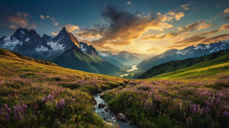 Mountain landscape with flowers and stream at sunset.の写真素材