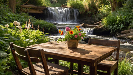 Wooden table with flowers and a beautiful waterfall in the background.の写真素材