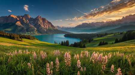 Wonderful summer panorama of a lake and mountainsの写真素材