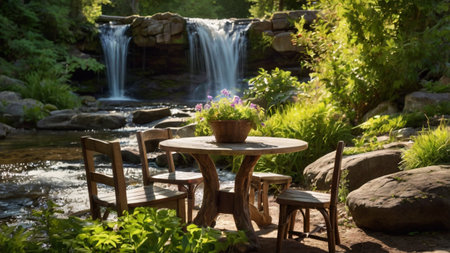 Beautiful summer garden with waterfall in the background and two wooden chairsの写真素材