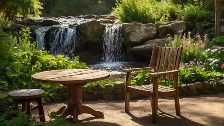Wooden chairs and table in the garden with waterfall in the backgroundの写真素材