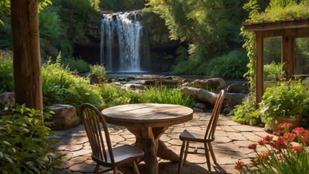 Wooden table and chairs in the garden with a waterfall in the backgroundの写真素材