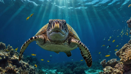 Green Sea Turtle (Chelonia mydas) in the seaの写真素材