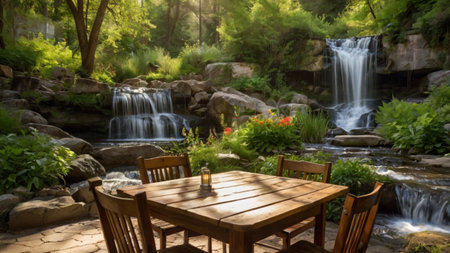 wooden table and chairs on the background of a waterfall in the garden