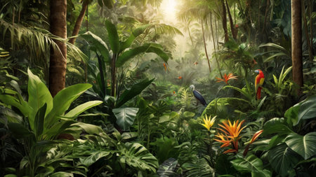 Tropical rainforest with parrot and flowers. 3d rendering