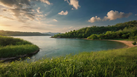 Beautiful summer landscape with blue sky and clouds over the lake.の写真素材