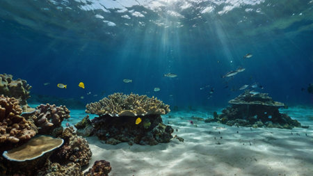 Underwater view of coral reef, tropical fish and sunbeams