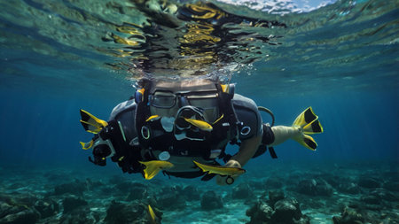Scuba diver with yellow fish swimming underwater in the Red Sea.