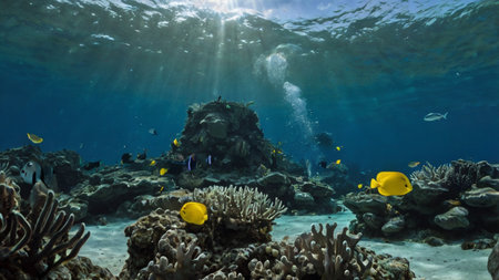 Underwater view of a tropical coral reef with fish and sunlight.