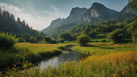 Mountain landscape with river and green meadow in the morning.