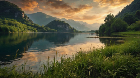 Beautiful landscape with mountain lake and clouds at sunset in summer.