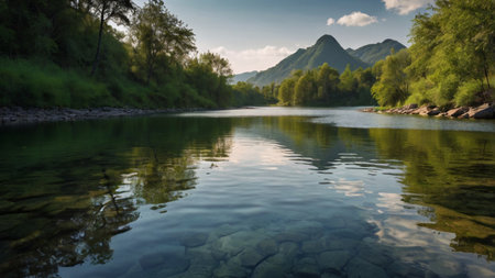 Beautiful landscape of mountain river with green trees and reflection in water