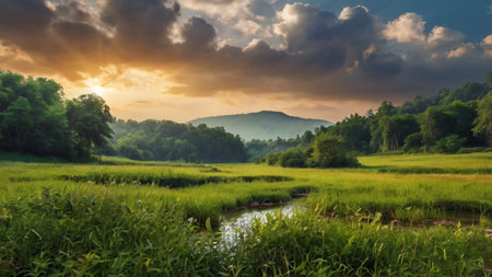 Sunset over the meadow in the summer. Beautiful landscape.の写真素材