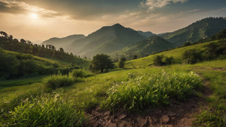 Panoramic view of green meadow and mountains at sunset.の写真素材