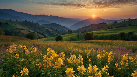 Sunset in the Tuscany hills with wildflowers.