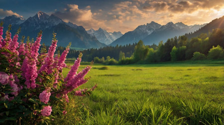 Landscape with meadow and pink flowers in front of mountains.の写真素材