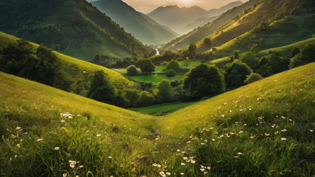 Panoramic view of green meadows in mountains at sunset. Beautiful summer landscape