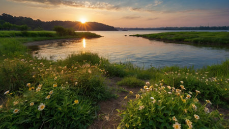 Sunset over the river with grass and flowers in the foreground.