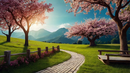 Cherry blossoms in full bloom on the hillside with wooden benchの写真素材