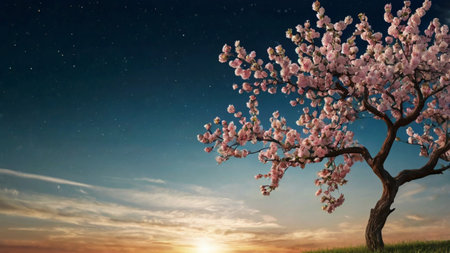 cherry blossom tree on a background of blue sky with stars
