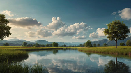 Beautiful landscape of rice field and lake with blue sky background.