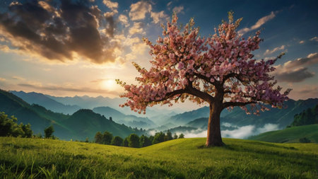 Beautiful spring landscape with blooming tree on meadow and mountains at sunset