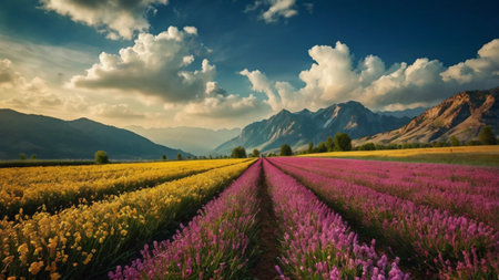 Beautiful summer landscape with blooming meadow and mountains in the background
