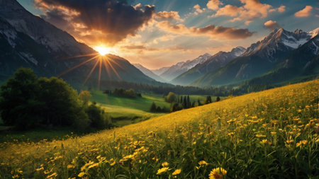 Sunset over a meadow with yellow flowers and mountains in the background