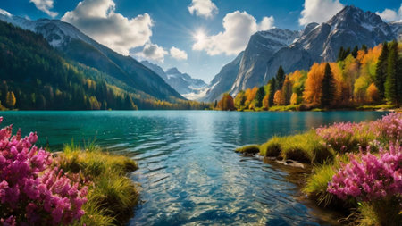 panoramic view of alpine lake with alpine meadows and forest in autumn
