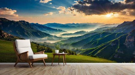 Composite image of armchair and coffee table against beautiful landscape