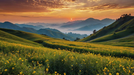 Sunset over the rice terraces in Yunnan, China.