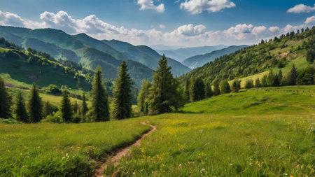 Panoramic view of the mountains and meadows. Carpathians, Ukraineの写真素材