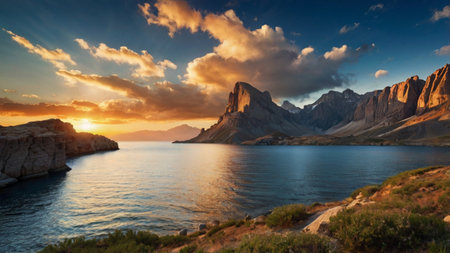 Panoramic view of Lake Garda at sunrise, Dolomites, Italyの写真素材