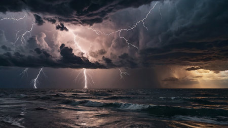 Thunderstorm over the sea. Dramatic stormy sky with lightning
