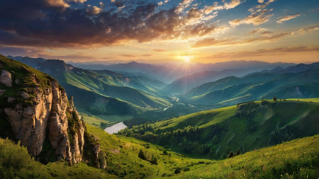 Mountain landscape at sunset. Beautiful panoramic view of the mountain valley.