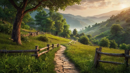 Hiking trail in the mountains at sunset. Beautiful summer landscape.の写真素材