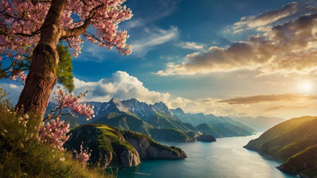 Cherry blossoms on the background of the lake and mountains.